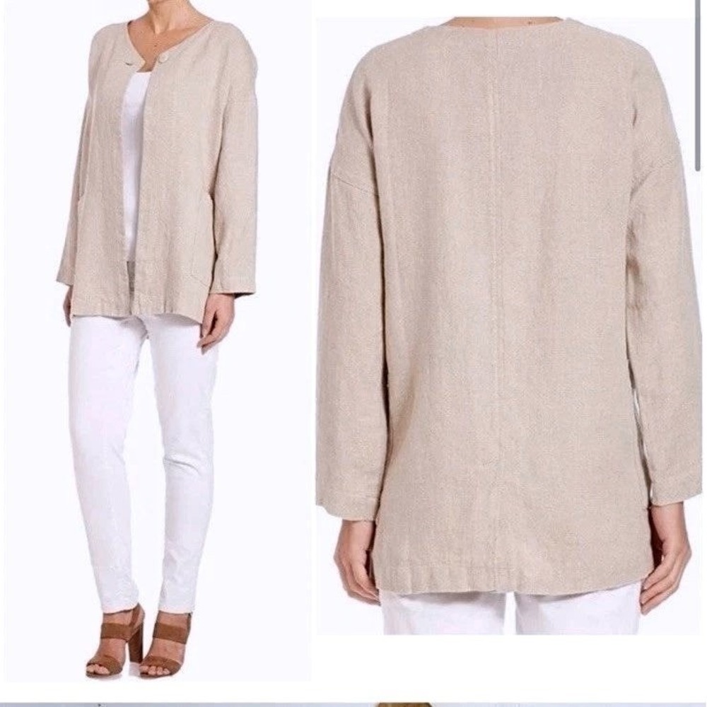 Eileen Fisher Hopsack Medium Linen Chic Open Front Jacket Beige Lagenlook